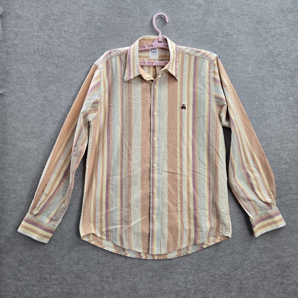 Brooks Brothers Men Button Up Shirt XL Beige Logo Embroidery Striped Classic